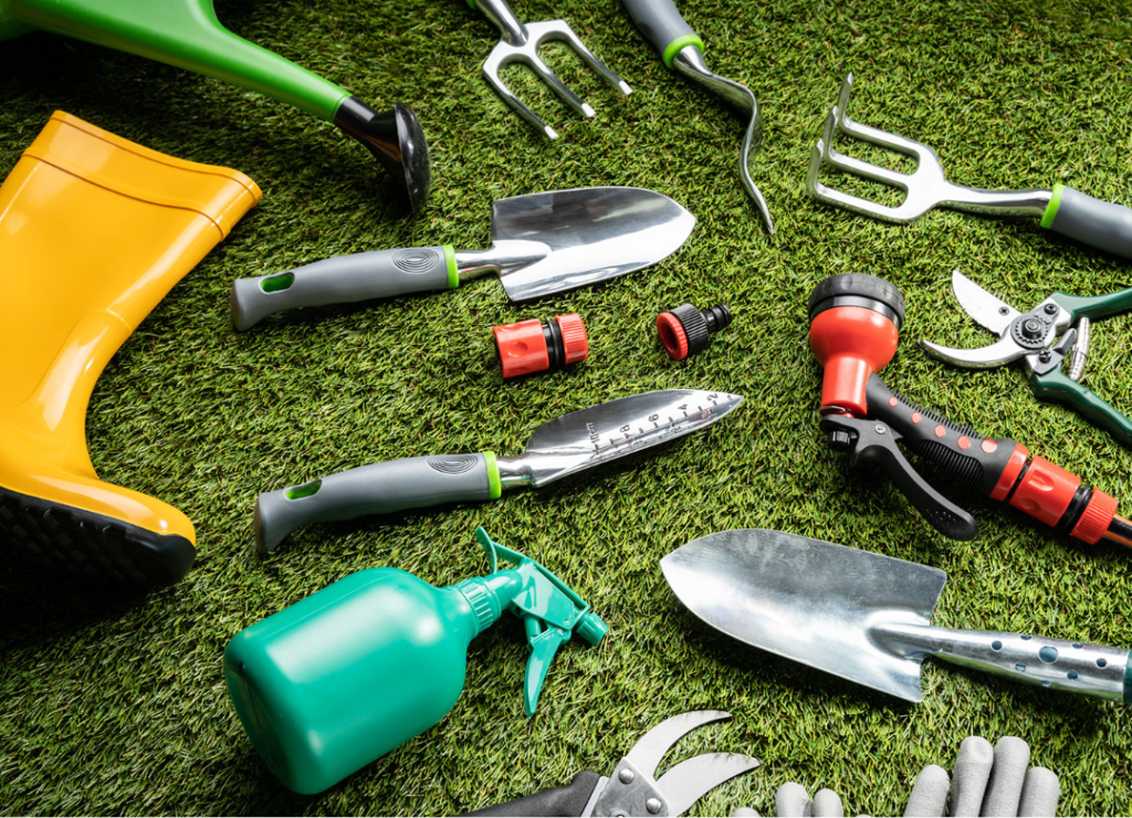 garden tools on a lawn